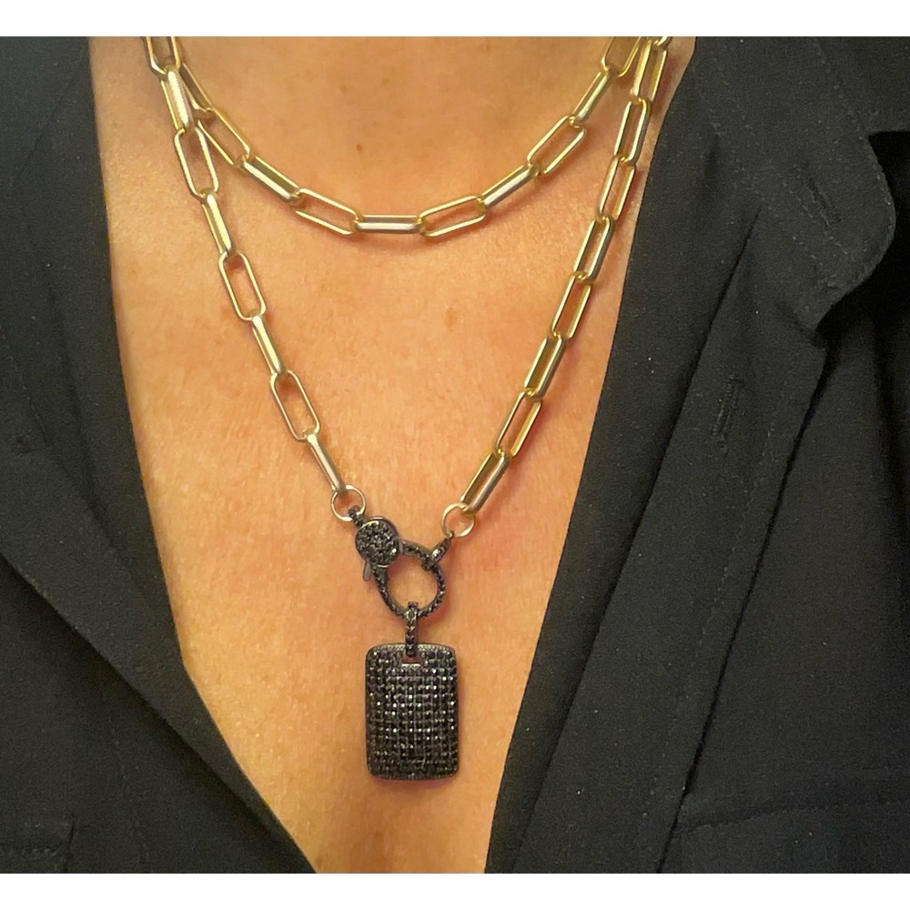 NWOT matte gold filled paperclip chain with micro pave clasp & dog tag in black